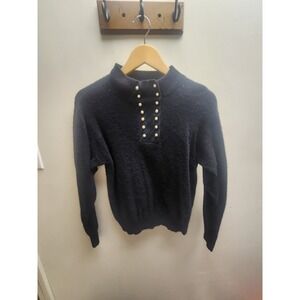 Cristina Vintage Black Lambswool Angora Pearl Button Mock Neck Sweater Womens M